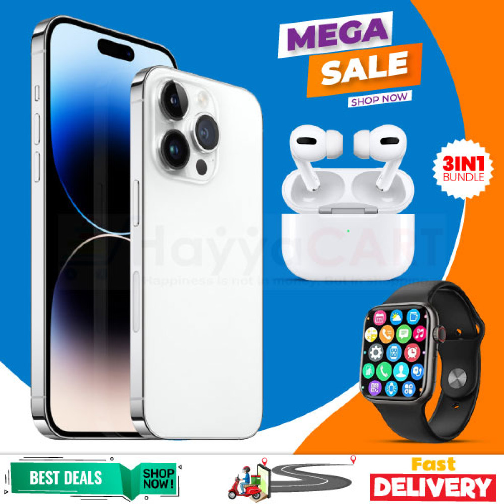 3 In 1 Bundle Offer, Pro Max Smartphone, I7 Plus Smart Watch, Air Pro 3 Bluetooth In-Ear Earbuds, i14