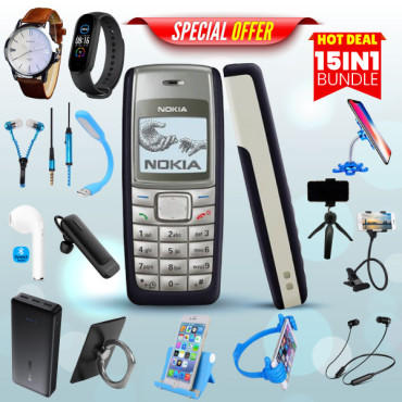 15 In 1 Offer, Nokia 1110 Call Phone, Powerbank,163 Bluetooth,yazol Watch,single I7,C200 Headset,bed Holder, Stand, Selfi Stand, Zipper,Led Watch,Ring Holder,ok Stand,selfi, N1110