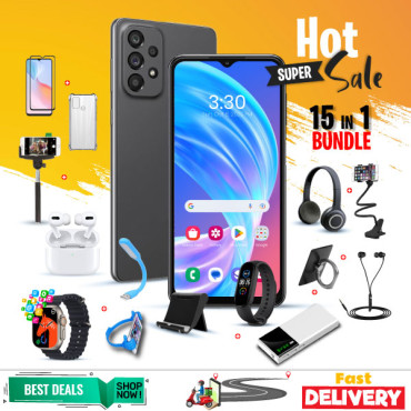 15 In 1 Offer, A73 Smartphone, Smart Watch, AirPods, Powerbank, C200 Headset,Bed Holder, Stand, Selfi Stand, Zipper,led Watch,ring Holder,ok Stand,selfi, Headset, Mobile Cover, NA73