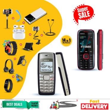 14 In 1 Offer, Nokia 5130, Nokia 1110, Smart Watch, AirPods, Powerbank, C200 Headset,Bed Holder, Stand, Selfi Stand, Zipper,led Watch,ring Holder,ok Stand,selfi, Headset, Mobile Cover, NK20