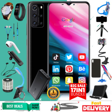 17 In 1 Offer, KHK P40 Smartphone, -4G-32GB-4GB-6 Inch-13mp- Powerbank,163 Bluetooth,yazol Watch,single I7,C200 Headset,bed Holder, Stand, Selfi Stand, Zipper,led Watch,ring Holder,ok Stand, Speaker,selfi,mp3,cover, P40