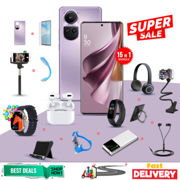 15 In 1 Offer, Reno Smartphone, Smart Watch, AirPods, Powerbank, C200 Headset,Bed Holder, Stand, Selfi Stand, Zipper,led Watch,ring Holder,ok Stand,selfi, Headset, Mobile Cover, R10