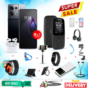 16 In 1 Offer, Reno Smartphone, Nokia 105, Smart Watch, AirPods, Powerbank, C200 Headset,Bed Holder, Stand, Selfi Stand, Zipper,led Watch,ring Holder,ok Stand,selfi, Headset, Mobile Cover, R100