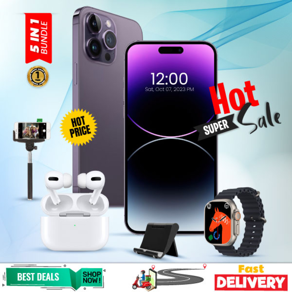 5 In 1 Bundle Offer, Shukran Pro Max Smartphone, I7 Plus Smart Watch, Air Pro 3 Bluetooth In-Ear Earbuds, Mobile Stand, Selfie Stick, RP15