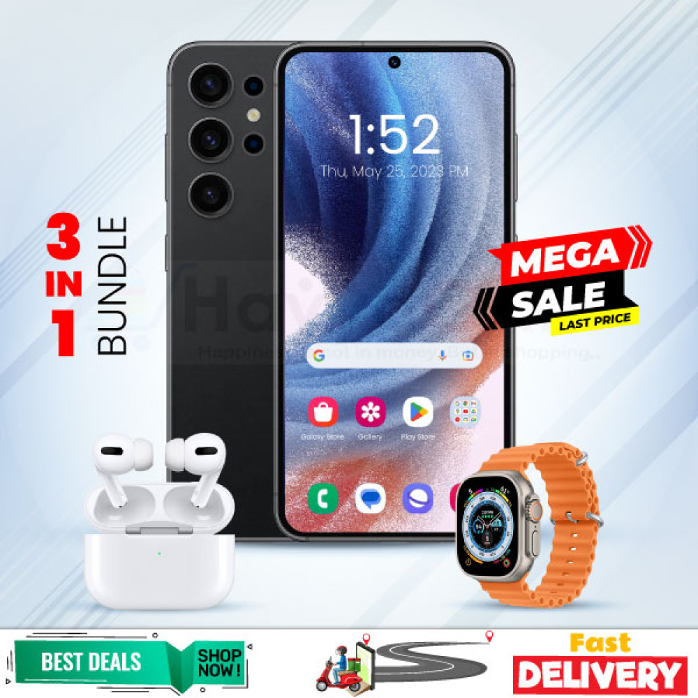 3 In 1 Bundle Offer, S23  Ultra Smartphone, I7 Plus Smart Watch, Air Pro 3 Bluetooth In-Ear Earbuds, S23