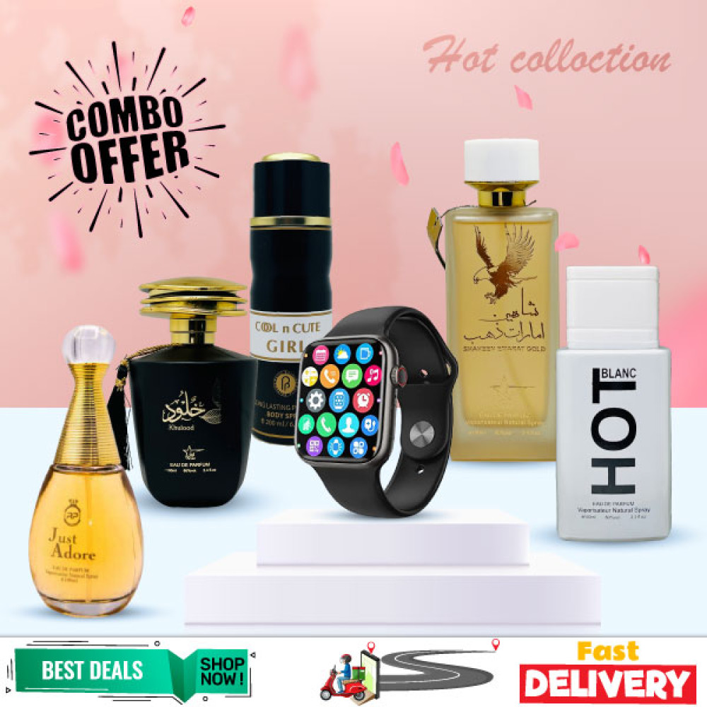Hot 6 In 1 Bundle Offer, Evershine Pour Home Hot Collection Perfume, Evershine Pour Femme Hot Collection Perfume, Just Adore Perfume, Golf Player Perfume, I7 Plus Smart Watch With Free Body Spray, H50