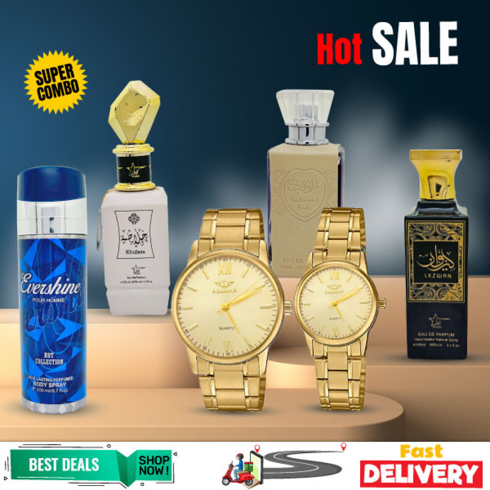 Hot Bundle Offer, Evershine Pour Home Hot Collection Perfume, Evershine Pour Femme Hot Collection Perfume, Just Adore Perfume, Sumax Pair Watch, With Free Body Spray X938