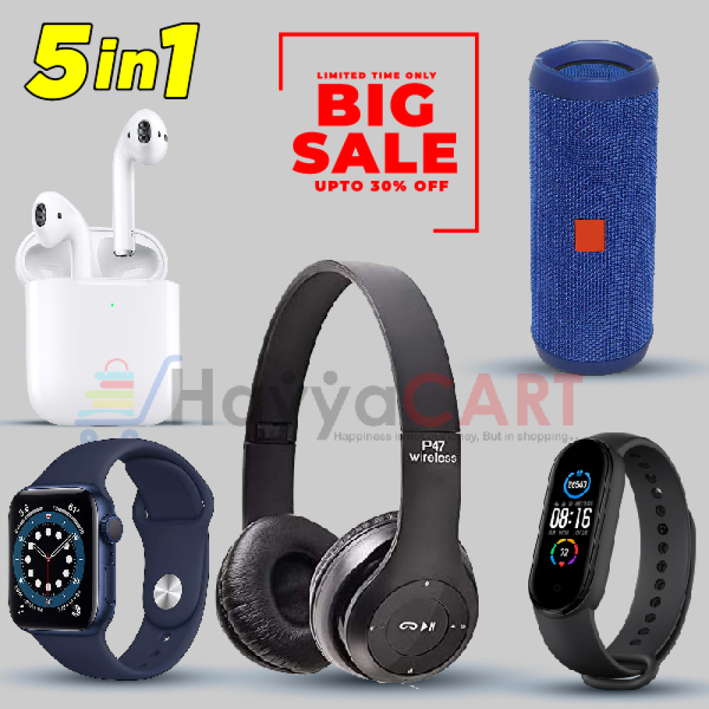 5 in 1 Bundle Offer  A1 Smart watch, Inpods-12 Earbuds, P47 Headphone, MI M4 LED Band, Bluetooth Speaker, SP20