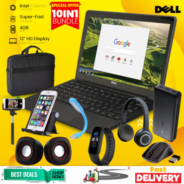 10 In 1 Bundle Offer, Dell Chromebook, 4GB Ram, 16 GB Ssd, 11.6 Inch Screen, With, Laptop Bag, 3 Port Power Bank, Laptop Speaker, Mobile Stand, Wireless Mouse, Maxon Headset, USB LED Light, Selfi Stick, LED Band Watch, DLX