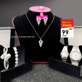Silver Lumax Combo Offer, Milano Fashionable Silver Plated Crystal Stone Necklace Set, Crystal Stone Bangles, Crystal Stone Ring Crystal Stone Bracelet With Stylish Analog Pair Watch, LX22
