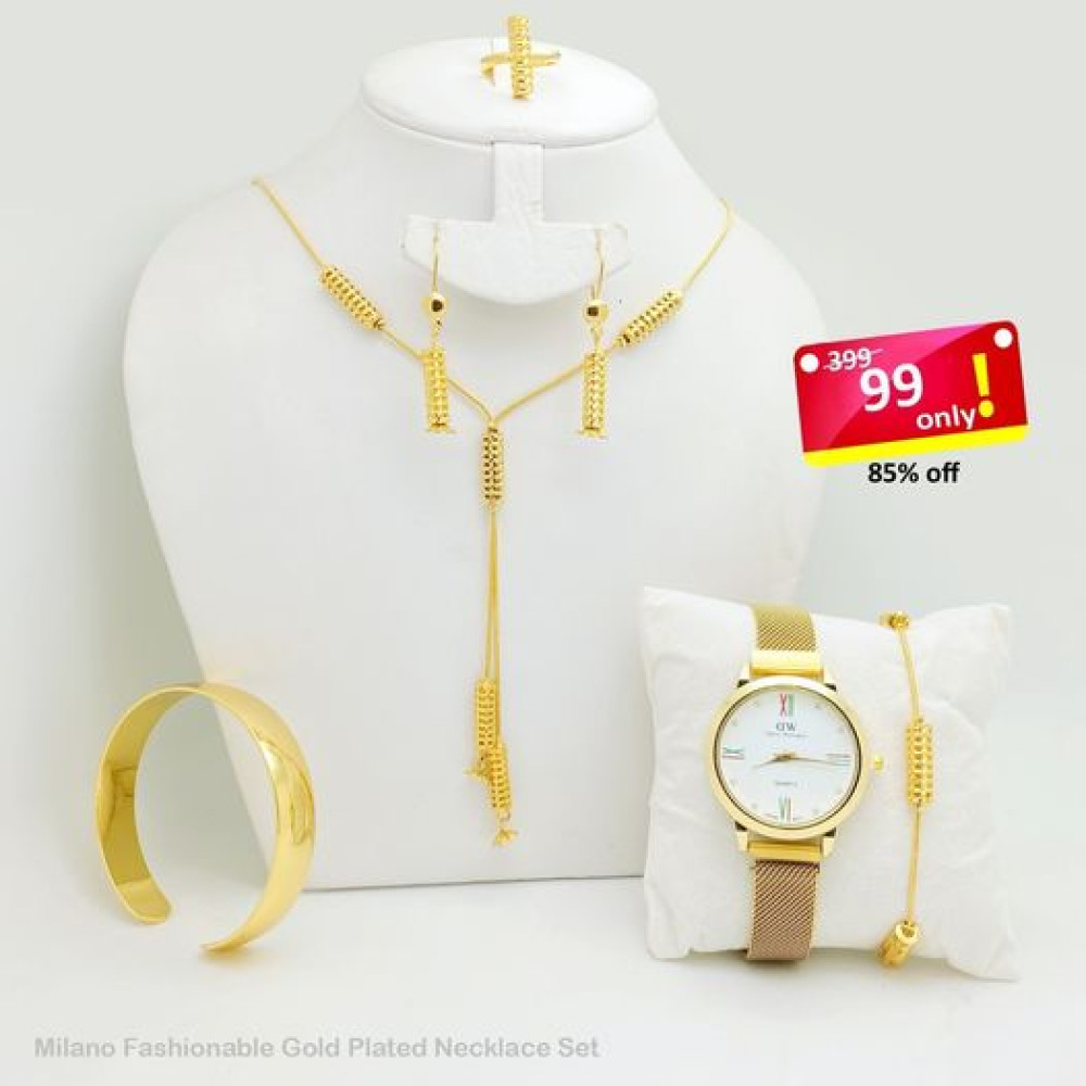 DW Combo Offer, Milano Fashionable Gold Plated Necklace Set, Bangles, Bracelet, Ring, With Stylish Analog DW Magnet  Watch, DW13