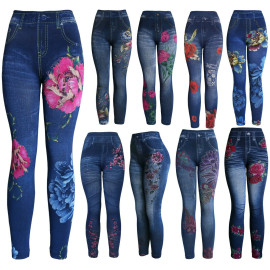High Waist Women's 6 Pcs Denim Print Faux Jeans Leggings Pants, L30