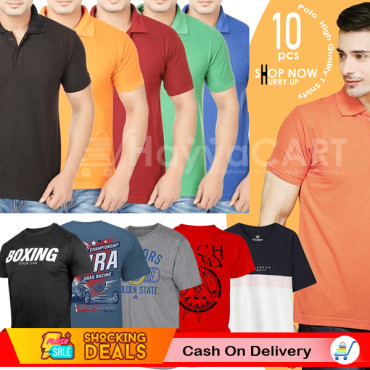 10 In 1 Bundle Offer, 5 Pcs Mens Polo Neck Solid Line High Quality T Shirts Set 5 Pcs Round Neck Assorted Color And Print T-Shirts, NS23