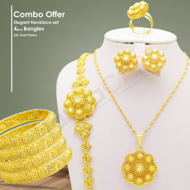 Combo Offer, Milano 22k Gold Plated Flower Design Elegant Necklace, Earrings, Bracelet, Ring, Nilanjan Arts 22K Gold Plated Handmade 4 Pieces Bangles, B56