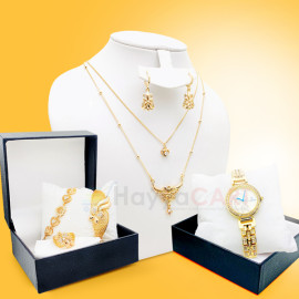 Lumax Combo Offer, Milano Fashionable Gold Plated Crystal Stone 2 Layer Necklace Set, Crystal Stone Bangles, Crystal Stone Ring Crystal Stone Bracelet With Stylish Analog Watch, LX02
