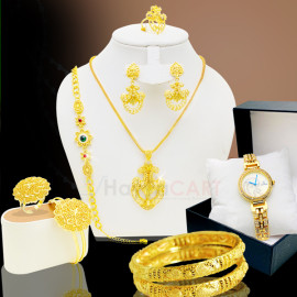 Milano Combo Offer, Milano Fashionable Gold Plated Necklace, Gold Plated Earring, Gold Plated Bangles with Ring, Gold Plated Bracelet, 2 Pcs Bangles Stylish Analog Watch, ML66