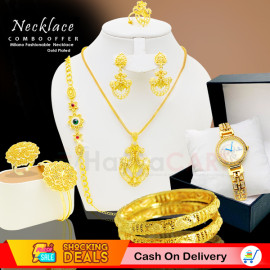 Milano Combo Offer, Milano Fashionable Gold Plated Necklace, Gold Plated Earring, Gold Plated Bangles with Ring, Gold Plated Bracelet, 2 Pcs Bangles Stylish Analog Watch, ML66