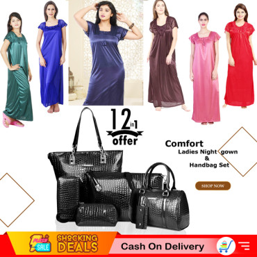 12 In 1 Bundle Offer, 6 Pice Comfort Ladies Night Wear Women Lingerie Nightgown, 6 Pcs Arcad Ladies Handbag Set, B90