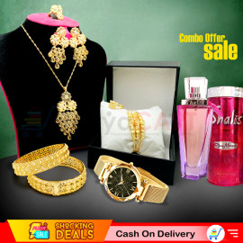 Combo Offer, Milano Gold Plated Multi Design Elegant Necklace Set, Milano Gold Plated 3 Layers Bangle, Ethnic Royal Gold Plated 2 Pcs Bangles, Athletique Hot Collection Perfume, Stylish Analog Magnet Watch, ML70