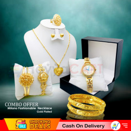 Milano Combo Offer, Milano Fashionable Gold Plated Necklace, Gold Plated Earring, Gold Plated Bangles with Ring, Gold Plated Bracelet, 2 Pcs Bangles Stylish Analog Watch, ML33