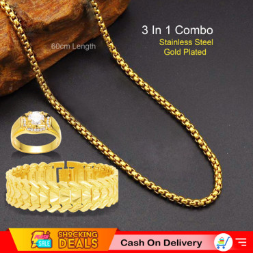 3 In 1 Combo, Stainless Steel Gold Chain 60cm Lenght, Starlord Gold Plated Bracelets, With Ring, CH20