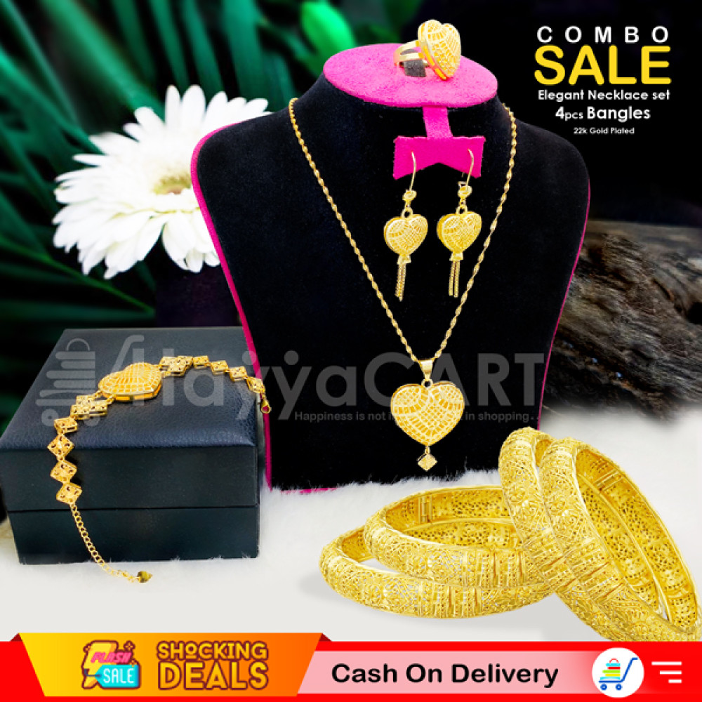 Combo Offer, Milano 22k Gold Plated Heart Design Elegant Necklace, Earrings, Bracelet, Ring, Nilanjan Arts 22K Gold Plated Handmade 4 Pieces Bangles, B60