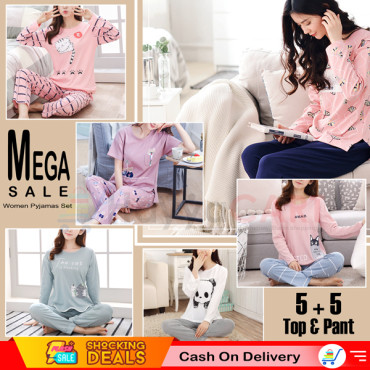 10 Pcs High Quality Women Pyjamas Set, Long Sleeve Sleepwear 5 Pcs Top, 5 Pcs Pant, NT30