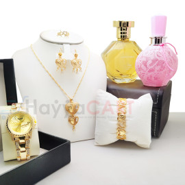 NK Combo Offer, Milano Fashionable Gold Plated Crystal Stone Necklace Set, Crystal Stone Bangles, 2 Pcs Hot Collection Perfume With Stylish Analog Watch, With Free Body Spray, NK30