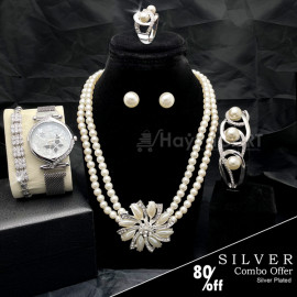 Silver Combo Offer, Milano Fashionable Silver Plated Crystal Stone Necklace Set, Crystal Stone Bangles, Crystal Stone Ring Crystal Stone Bracelet With Stylish Analog Pair Watch, SL96
