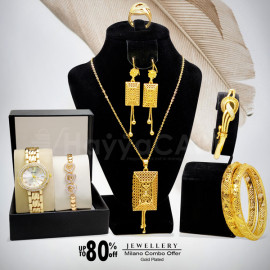 Milano Combo Offer, Milano Fashionable Gold Plated Necklace, Gold Plated Earring, Gold Plated Bangles with Ring, Gold Plated Bracelet, 2 Pcs Bangles Stylish Analog Watch, ML99
