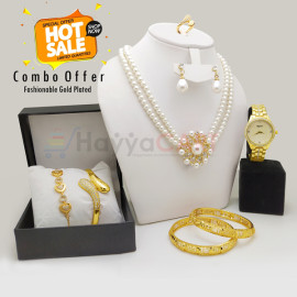Combo Offer, Milano Fashionable Gold Plated Crystal Stone Necklace Set, Crystal Stone Bangles, Crystal Stone Ring Crystal Stone Bracelet, 2 Pcs Bangles, With Stylish Analog Watch, GL96