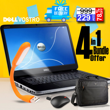 4 IN 1 BUNDLE OFFER, DELL VOSTRO 1500, CORE 2 DUO, 2GB, 160GB HDD, DVDRW, 15.4, WINDOWS 7, FREE LAPTOP-BAG, USB LED LIGHT, WIRELESS OPTICAL MOUSE, DL1500