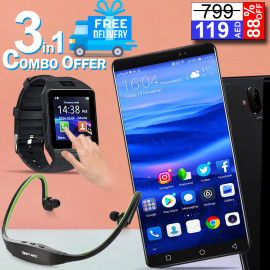 3 IN 1 COMBO, NEO SMARTPHONE WITH 4G, 4.0 INCH HD LCD DISPLAY, 1GB RAM, 8GB STORAGE, DUAL CAMERA, DUAL SIM, BS19C BLUETOOTH STEREO HEADSET, BISON L1 SMART WATCH