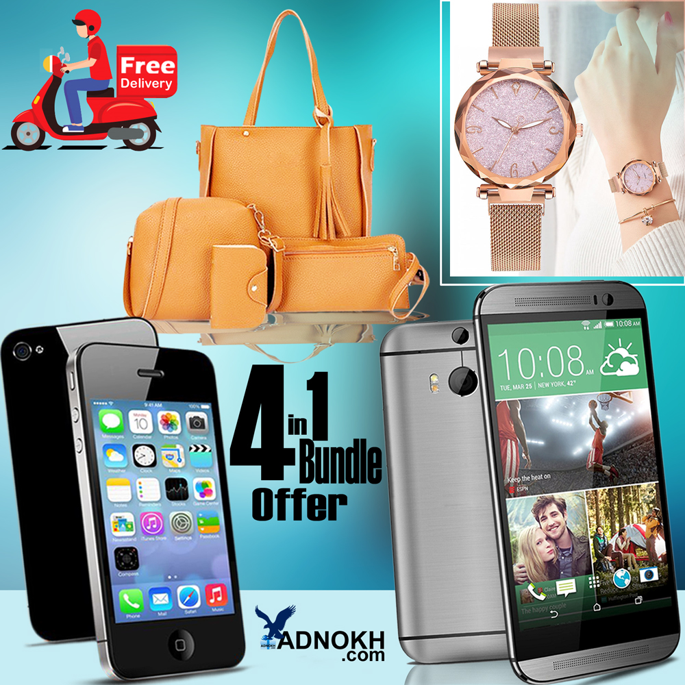 4 In 1 Bundle Offer, Safari M8, F8, Smartphone,  Better Q Ladies Bag, With Ladies Magnet Watch