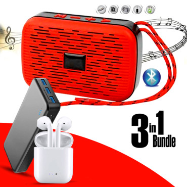 3 In 1 Music Bundle Offer, Wireless Bluetooth Speaker With Micro SD & USB Support, I7S wireless headset 5.0 Wireless Earpiece Earphones, 3 Port USB Port And Charging LED Indicator Power Bank, SP11