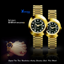 Stylish Two Tone Numberless Analog Stainless Steel Pair Watch, S009