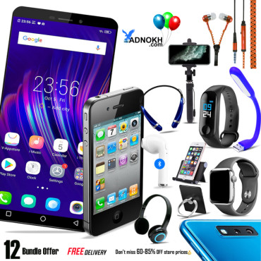 12 In 1 Bundle Offer, Neo Smartphone With 4G, 4.0 Inch, 4S Touch Phone, 760 Bluetooth Headset, I7 Headset, Zipper Earphones, Ring Holder, Mason Headse, Macra Watch, Selfie Stick, Led Band Watch, Led Usb Light, Mobile Plate Holder, NE012