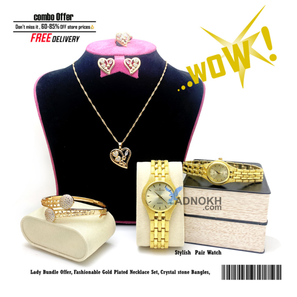 Lady Bundle Offer, Fashionable Gold Plated Necklace Set, Crystal stone Bangles, With Stylish Analog Pair Watch, F1423