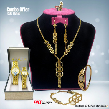 Combo Offer, Milano Gold Plated Necklace Set, Molano crystal stone Bangles, With Milano Stylish Analog Pair Watch, M0465