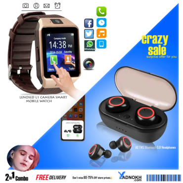 2 IN 1 COMBO, LENOSED L1 CAMERA SMART MOBILE WATCH, A2 TWS Bluetooth 5.0 Earbuds Stereo Wireless Headphones With Mic, L1