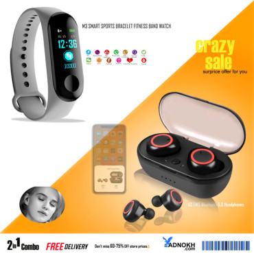 2 IN 1 COMBO, M3 SMART SPORTS BRACELET FITNESS BAND WITH HEART RATE MONITOR BLUETOOTH WATERPROOF, A2 TWS Bluetooth 5.0 Earbuds Stereo Wireless Headphones With Mic, A2