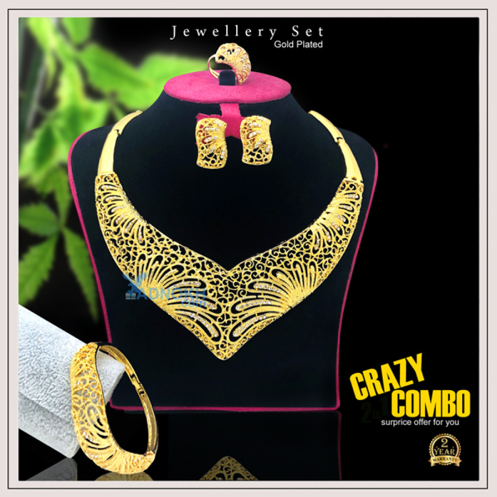Milano 22k Gold Plated Multi Design Elegant Necklace, Earrings, Bracelet, Ring, Jewellery Set NA202