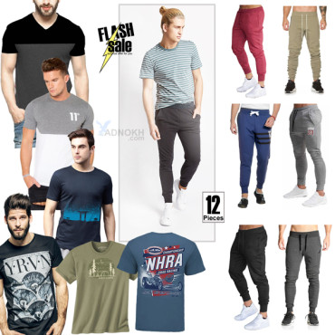 12 In 1 Bundle Offer, 6 Pcs Men's Print T-shirts, 6 Pcs Men's Slim Fit Pants Pants, T632