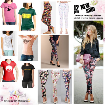 12 in 1 Bundle Offer, New Spandex 6 Pcs Random Women's Color T-shirts, 6 Pcs Mix Stretch Best Fit Flower design Legging Pant, LE938