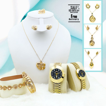 7 In 1 Bundle Offer, Milano Fashionable Gold Plated Crystal stone Necklace Set, Crystal stone Bangles, Crystal stone Ring Crystal stone Bracelet With Stylish Analog Pair Watch, M765