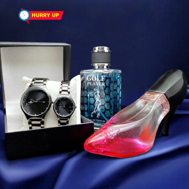 4 In 1 Combo, Raban Analog Date Quartz Couple Watch, Vershine 100 Ml Hot Collection Eau De Perfume, Pretty Girl Pink Perfume, P0394