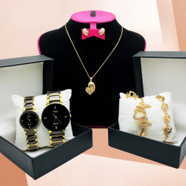 Rido Combo Offer, Milano Fashionable Gold Plated Crystal Stone Necklace Set, Crystal Stone Bangles, Crystal Stone Ring Crystal Stone Bracelet With Stylish Analog Pair Watch, R10