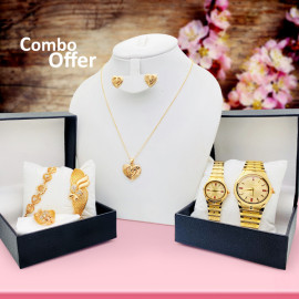 Lumax Combo Offer, Milano Fashionable Gold Plated Crystal Stone Necklace Set, Crystal Stone Bangles, Crystal Stone Ring Crystal Stone Bracelet With Stylish Analog Pair Watch, LX11