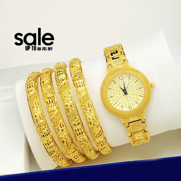 2 In 1 Combo Offer, Accurate High Quality Gold Plated Crystal Stone Watch, 22k Gold Plated High Quality 4 Pcs Handmade Bangles Set, A02