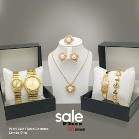 Pearl Gold Plated Costume Combo Offer, Milano Fashionable Gold Plated Crystal Stone Necklace Set, Crystal Stone Bangles, Crystal Stone Ring Crystal Stone Bracelet With Stylish Analog Pair Watch, P39